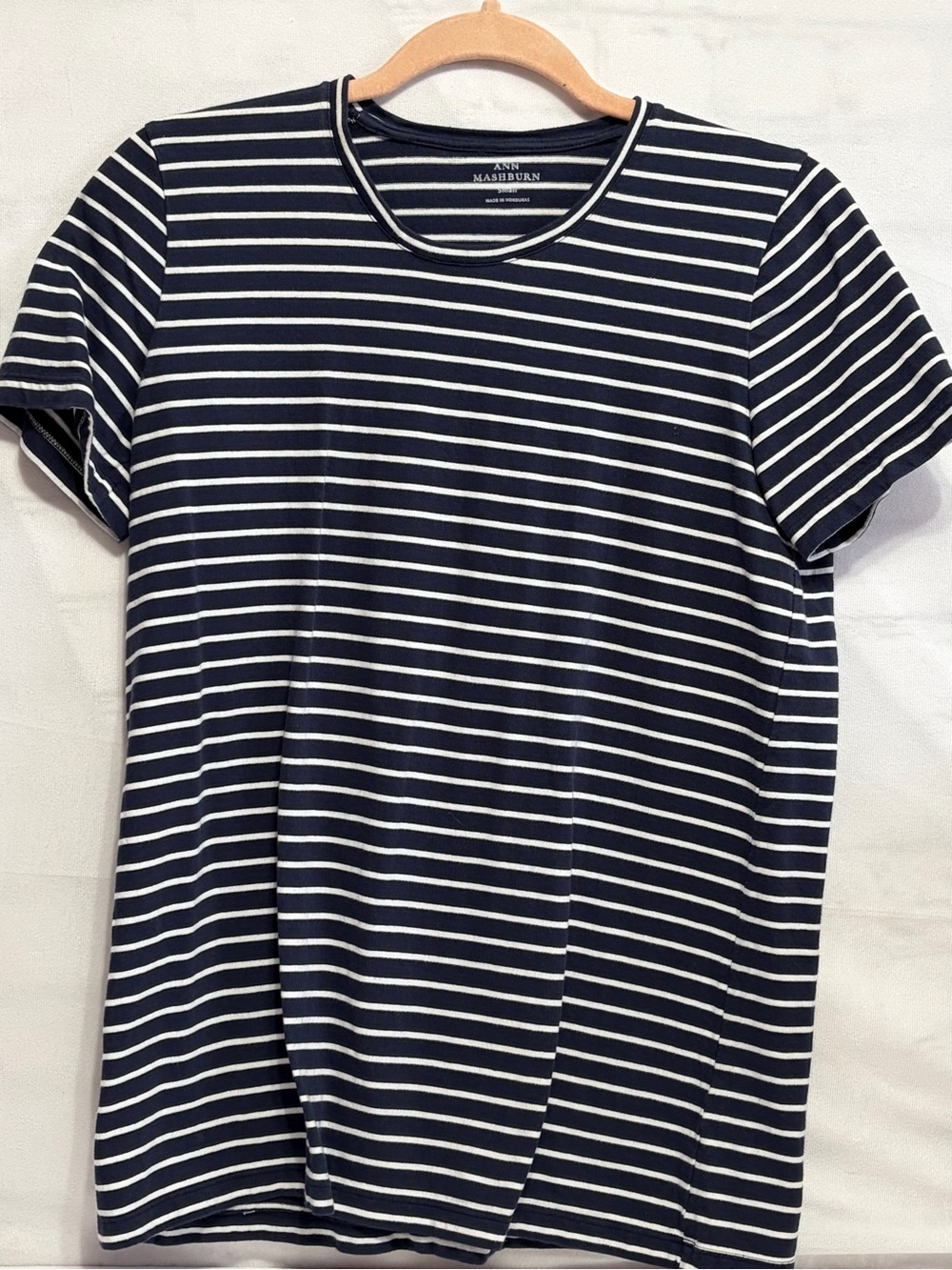 Ann Mashburn Women Blue White Striped Cotton Short Sleeve Crew Neck Tee Small
